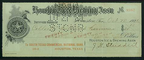 Houston Ice and Brewing check 1921