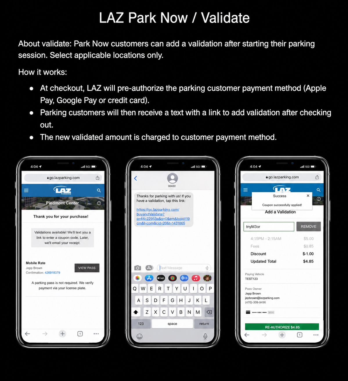 Screenshots showing how to add a validation code after checkout so your balance updates
